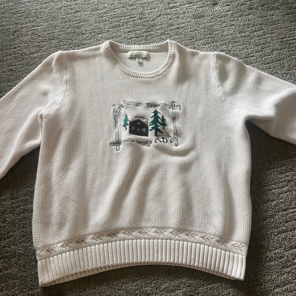 White Sweater with Cabin Embroidery